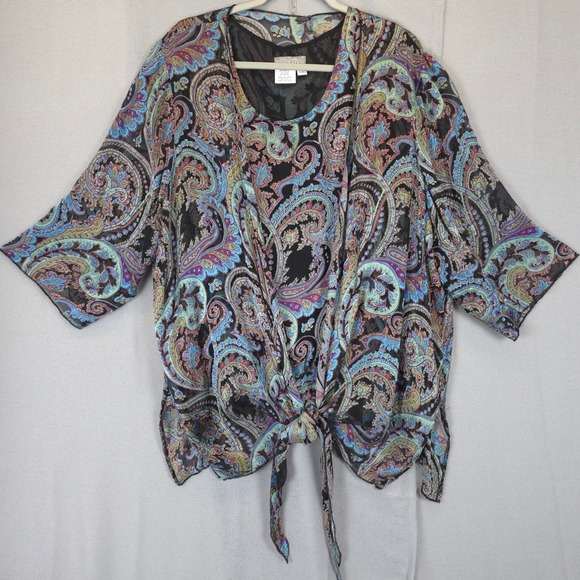 Ulla Popken Inspiration Silk Blouse 2pc Paisley Tie Front Women 20/22 Blue Black - Picture 1 of 9